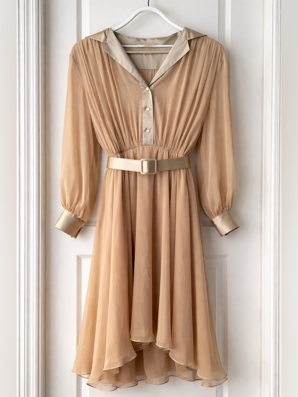 Vintage Susan Howard California Gold Belted Midi Dress Chiffon Sheer Sleeves S/M